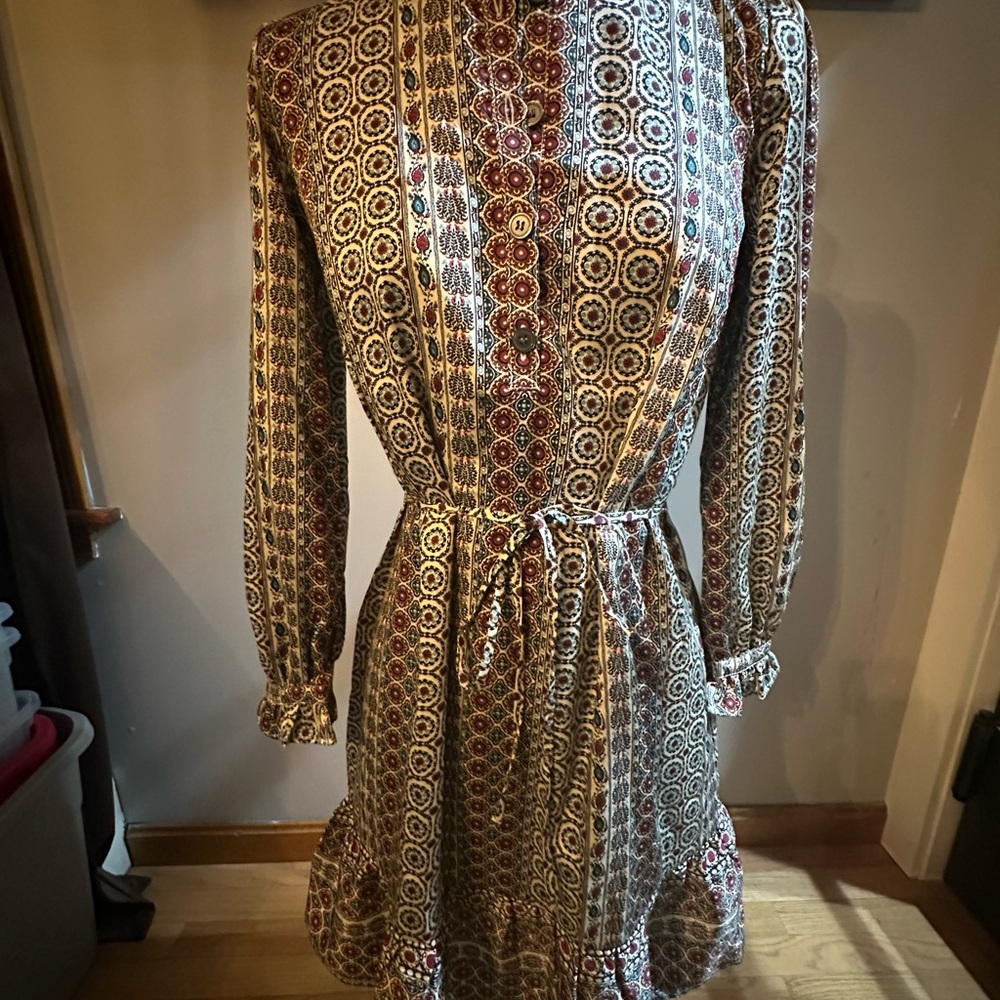 LOFT Red and Brown Patterned Long Sleeve Dress